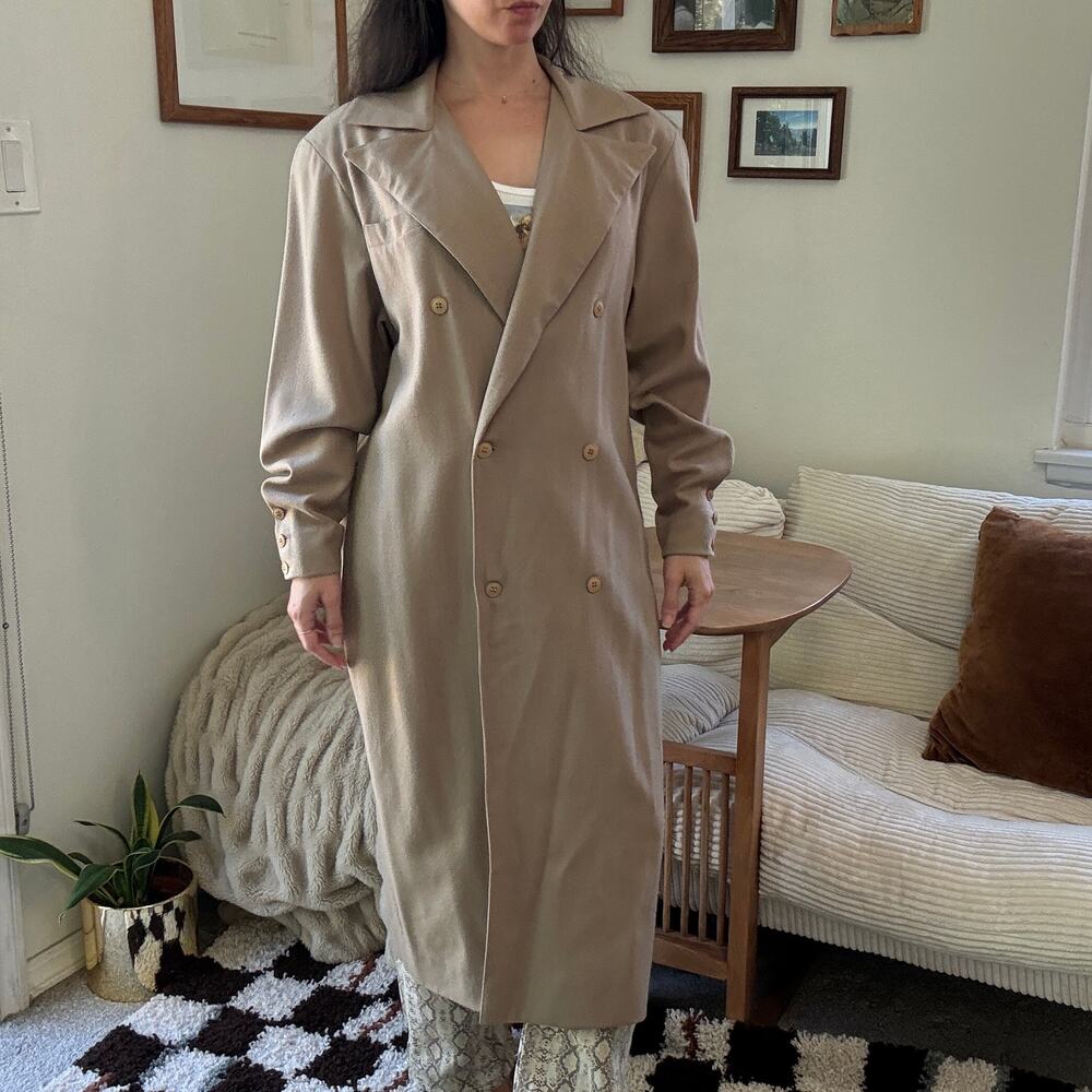 Vintage Wool Long Duster Double-breasted Camel Jacket Coat Size 12 (S)